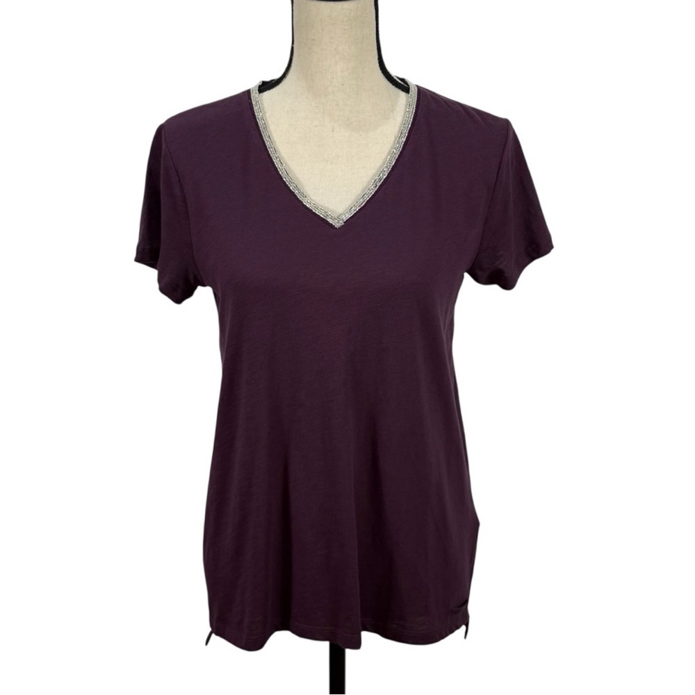 DKNY JEANS Women’s Small Cotton Tee Deep Purple V-Neck tee Embellished silver